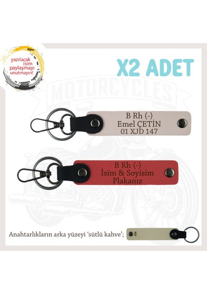 Motor Tutkunlarına Özel, Isim Plaka ve B Rh (-) Kan Grubu Yazılı X2 Anahtarlık, Nar Çiçeği-Pudra-Sk