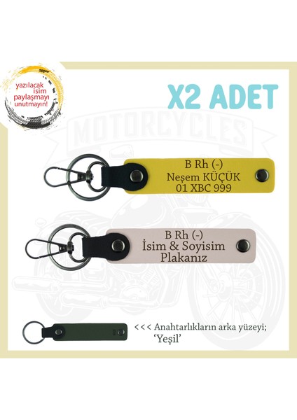 Biker Dostlarına Özel, Isim Plaka ve B Rh (-) Kan Grubu Hediyelik Deri X2 Anahtarlık, Pudra-Sarı-Ysl