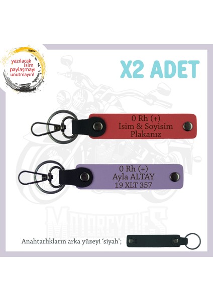 Motosiklete Hediyelik, Isim Plaka ve 0 Rh (+) Kan Grubu, X2' Li Deri Anahtarlık, Nar Çiçeği-Mor-Syh