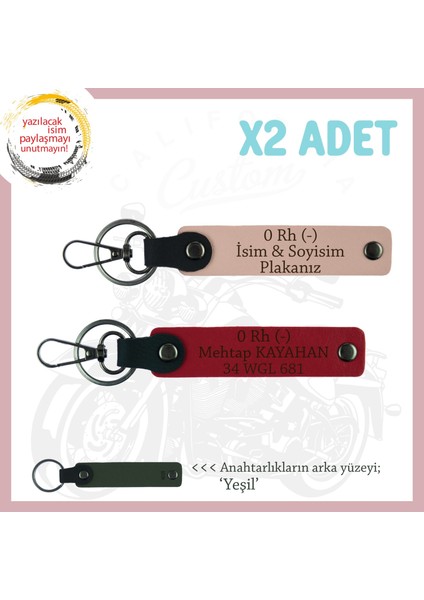 Sevdiğinize Özel, Isim Plaka ve 0 Rh (-) Kan Grubu Yazılı Deri X2 Anahtarlık, Yavruağzı-Kırmızı-Ysl