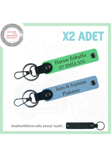 Motor Stiline Uygun, Isim ve Plaka Yazılı Hediyelik Deri X2 Anahtarlık Seti, Mavi-F Yeşil-Syh