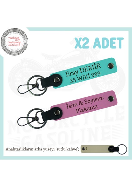 Scooter Severlere Özel Isim ve Plaka Yazılı 2'li Deri Anahtarlık Arkadaş Hediyesi, Pembe-Turkuaz-Sk