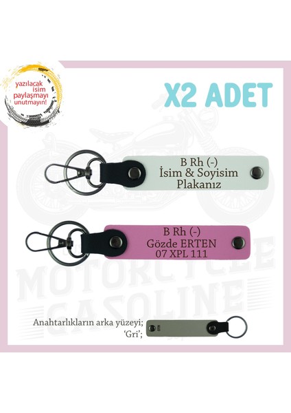 Yol Tutkunları Isim Plaka ve B Rh (-) Kan Grubu Yazılı Kişiye Özel X2 Anahtarlık Set, Beyaz-Pembe-Gr