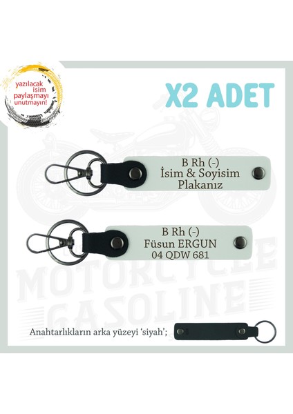 Biker Stiline Uygun Isim Plaka ve B - Kan Grubu Yazılı Acil Durum Deri X2 Anahtarlık Seti, Beyaz-Syh