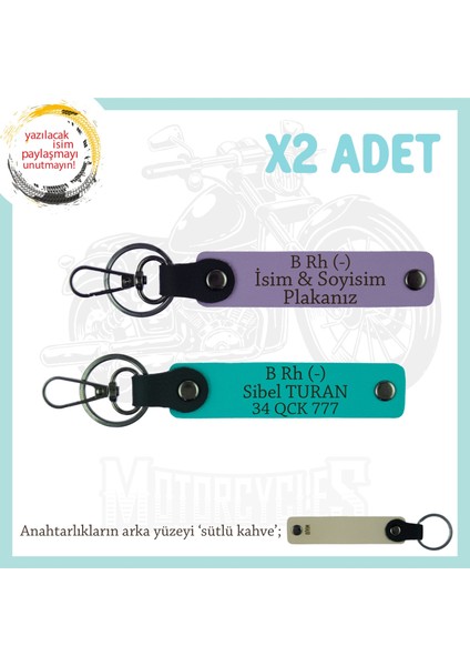 Motosiklet Severlere Özel, Isim Plaka ve B Rh (-) Kan Grubu, Acil Durum Anahtarlık, Mor-K Turkuaz-Sk