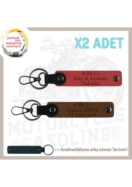 Biker Stiline Özel Isim Plaka, B Rh (-) Kan Grubu Yazılı Motor X2 Anahtarlık, Nar Çiçeği-Kahve-Laci