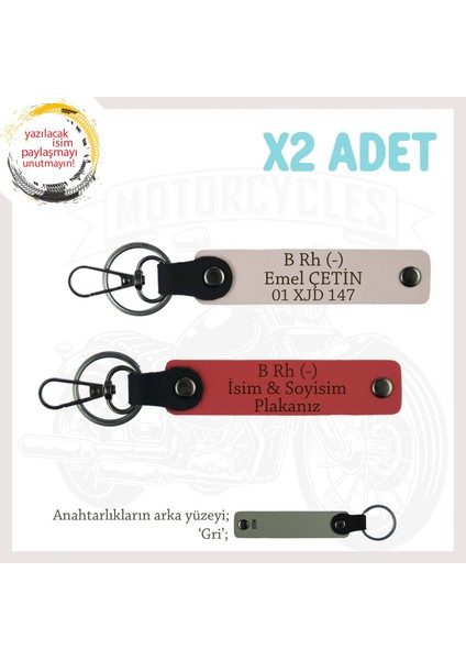 Motor Tutkunlarına Özel, Isim Plaka ve B Rh (-) Kan Grubu Yazılı X2 Anahtarlık, Nar Çiçeği-Pudra-Gr