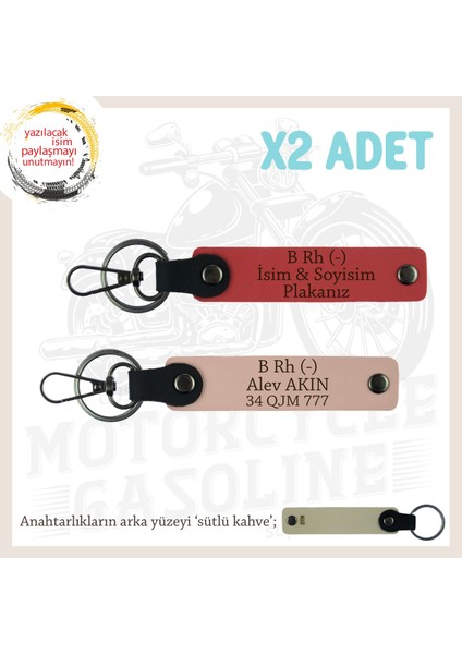 Motosikletçiye, Isim Plaka ve B Rh (-) Kan Grubu Yazılı X2' Li Anahtarlık, Nar Çiçeği-Yavruağzı-Sk