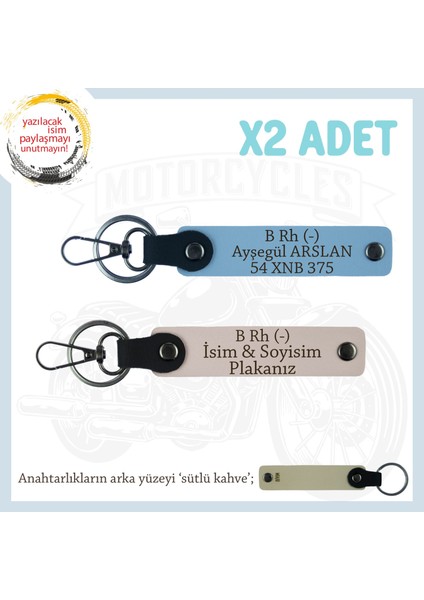 Motorcu Tarzına Özel, Isim Plaka ve B Rh (-) Kan Grubu Yazılı Hediyelik X2 Anahtarlık, Pudra-Mavi-Sk
