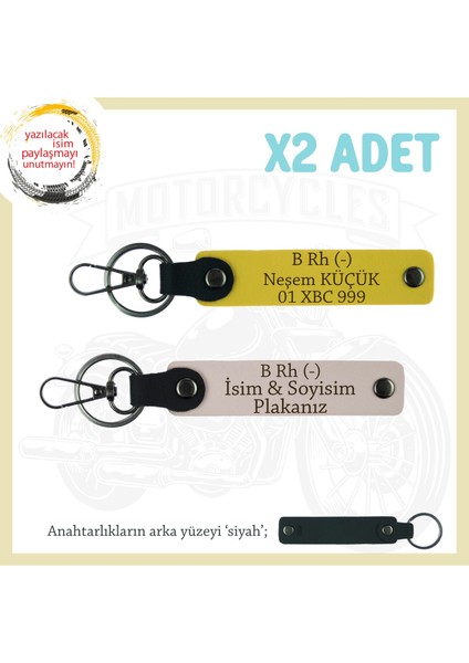 Biker Dostlarına Özel, Isim Plaka ve B Rh (-) Kan Grubu Hediyelik Deri X2 Anahtarlık, Pudra-Sarı-Syh