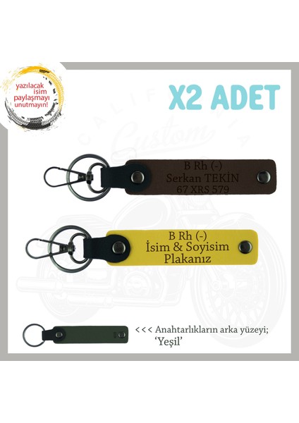Motorcu Dostlara Özel, Isim Plaka ve B Rh (-) Kan Grubu 2'li Anahtarlık Hediyelik, Sarı-K Kahve-Ysl