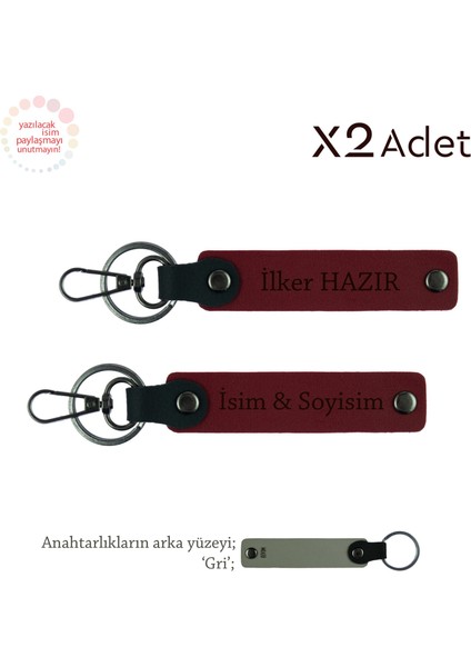 Kuzene Eğlenceli Sürpriz, Isim Soyisimli 2’li Anahtarlık Seti Hediye, Bordo-Gri