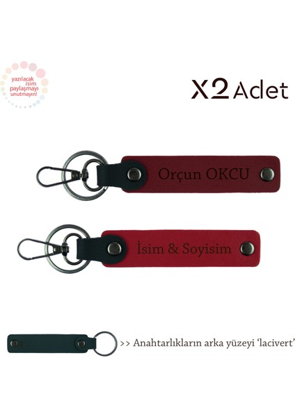 Kankaya Doğum Günü Hediyesi, Isim Yazılı 2’li Anahtarlık Hediye Takımı, Kırmızı-Bordo-Lacivert