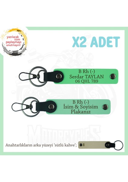 Motosiklet Aşıklarına Özel, Isim Plaka ve B Rh (-) Kan Grubu Yazılı X2 Anahtarlık, Yeşil-F Yeşil-Sk