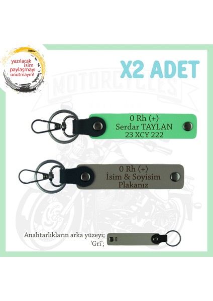 Motorcu Dostlara, Isim Plaka ve 0 + Kan Grubu Yazılı Güvenli Sürüş X2 Anahtarlık, Kül Gri-F Yeşil-Gr
