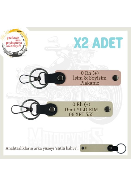 Motosiklet Severler Için Isim Plaka ve 0 Rh (+) Kan Grubu Yazılı X2 Anahtarlık, Yavruağzı-S Kahve-Sk