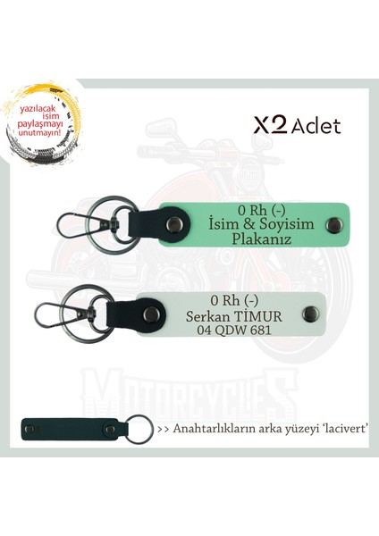 Dijital Araçlara Özel, Isim Plaka ve 0 Rh (-) Kan Grubu Yazılı 2'li Anahtarlık Set, Yeşil-Beyaz-Laci