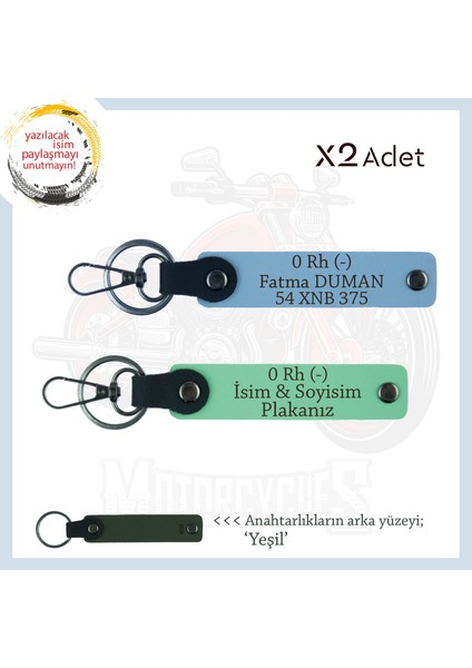 Özel Olana, Isim Plaka ve 0 Rh (-) Kan Grubu Yazılı Kişiselleştirilmiş X2 Anahtarlık, Yeşil-Mavi-Ysl