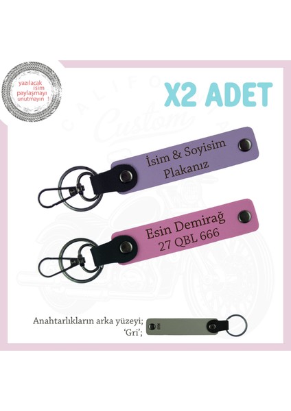 Stil Sahibi Tüm Sürücülere Özel Isimli ve Plakalı Ikili Deri Anahtarlık Takımı, Mor Menekşe-Pembe-Gr