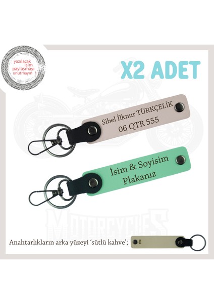 Yüksek Kalite Deri Anahtarlıklar, Kişiye Özel Plaka & Isim Yazılı X2'li Set, Yeşil-Pudra-Sk