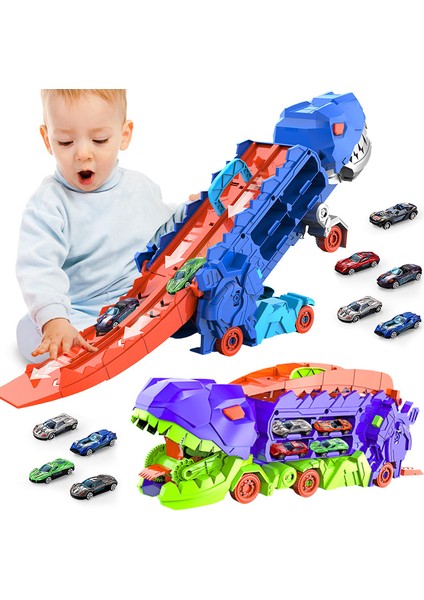 Katlanabilir Kayar Yarış Pisti Araba Modeli ile Dinozor Kamyonunun Taşınması Ayakta Dönüştürülür T-Rex Hediye Bulmaca Oyuncak Erkek Kız (Yurt Dışından)