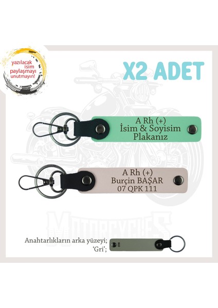 Motorcu Tarzına, Isim Plaka ve A Rh (+) Kan Grubu Yazılı Hediyelik X2 Anahtarlık Set, Yeşil-Pudra-Gr