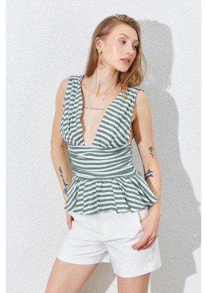 Kadın Haki Önü Arkası V Beli Drapeli Peplum Bluz
