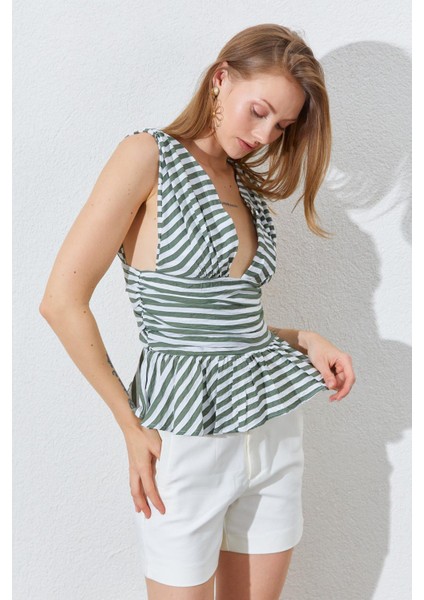 Kadın Haki Önü Arkası V Beli Drapeli Peplum Bluz