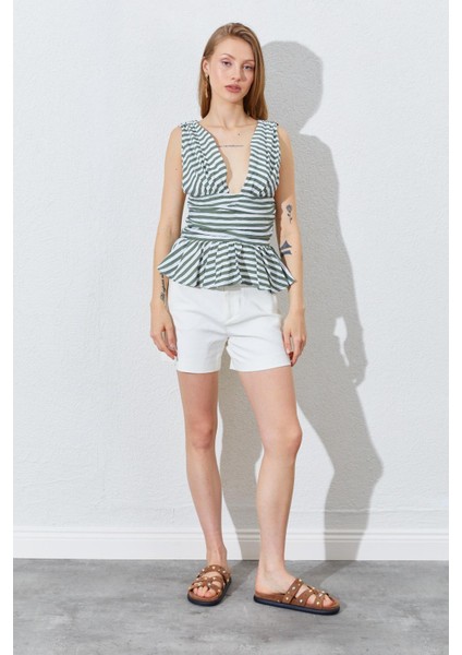 Kadın Haki Önü Arkası V Beli Drapeli Peplum Bluz