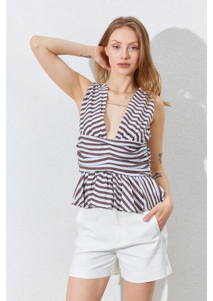 Kadın Kahve Önü Arkası V Beli Drapeli Peplum Bluz