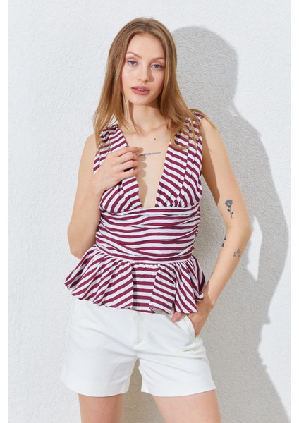 Kadın Bordo Önü Arkası V Beli Drapeli Peplum Bluz