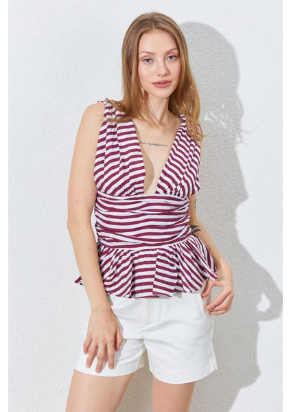 Kadın Bordo Önü Arkası V Beli Drapeli Peplum Bluz