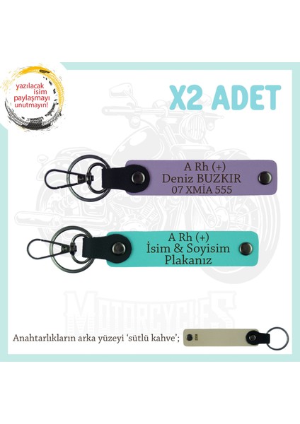 Motosiklet Aşıkları Için, Isim Plaka ve A Rh (+) Kan Grubu, Acil Durum X2 Anahtarlık, Mor-Turkuaz-Sk