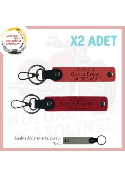 Motorcuya Özel, Isim Plaka ve A Rh (+) Kan Grubu Yazılı Deri 2'li Anahtarlık, Nar Çiçeği-Kırmızı-Gr