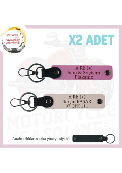 Motor Severlere, Isim Plaka ve A + Kan Grubu Yazılı Özel Tasarım Deri X2 Anahtarlık, Pudra-Pembe-Syh