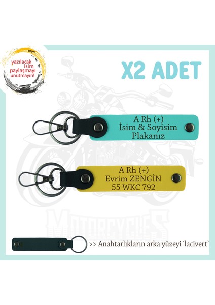 Motor Severlere, Isim Plaka ve A Rh (+) Kan Grubu, Özel Tasarım X2' Li Anahtarlık, Sarı-Turkuaz-Laci