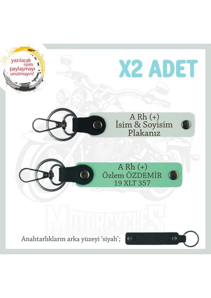 Hız Tutkunlarına Özel Isim Plaka, A Rh (+) Kan Grubu Yazılı Deri X2 Anahtarlık Set, Yeşil-Beyaz-Syh
