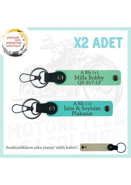 Motor Severlere Özel, Isim Plaka ve A Rh (+) Kan Grubu Yazılı X2 Anahtarlık Takım, Yeşil-Turkuaz-Sk