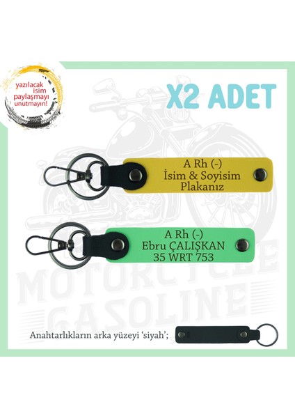 Bikerlar Için Özel Isim Plaka ve A Rh (-) Kan Grubu Yazılı Hediyelik X2 Anahtarlık, Sarı-F Yeşil-Syh