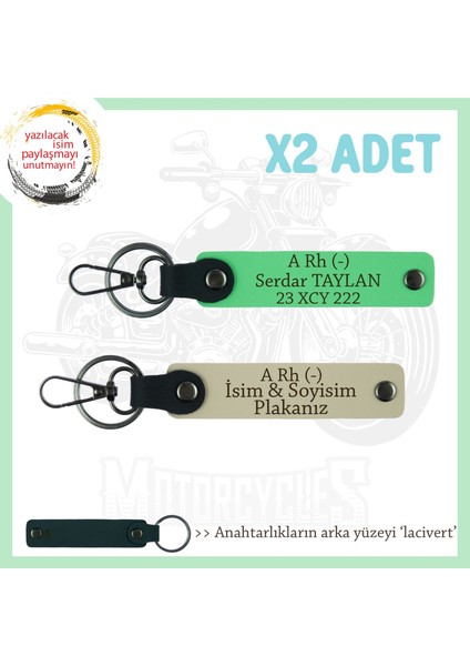 Motorcu Tarzı Plakalı & Isimli Deri X2' Li Anahtarlık, A Rh (-) Kan Grubu Ile, S Kahve-F Yeşil-Laci