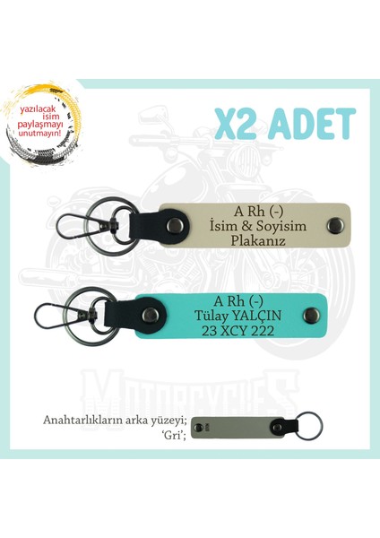Motosiklet Aşıkları Için Özel, Isim Plaka ve A - Kan Grubu Yazılı X2 Anahtarlık, S Kahve-Turkuaz-Gr