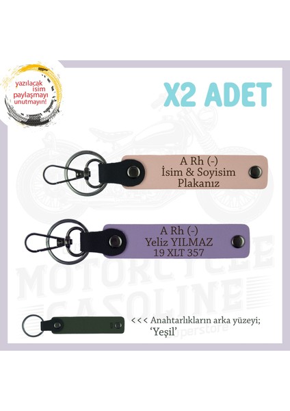 Motor Tutkunlarına Hediye Isim Plaka ve A Rh (-) Kan Grubu Yazılı X2 Anahtarlık, Yavruağzı-Mor-Ysl