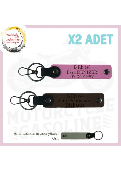 Motosiklet Aşıklarına Isim Plaka ve B Rh (+) Kan Grubu, Acil Durum Anahtarlığı X2, K Kahve-Pembe-Gr