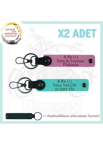 Macera Aşıklarına Özel, Isim Plaka ve B Rh (+) Kan Grubu Yazılı X2 Anahtarlık, Pembe-Turkuaz-Laci