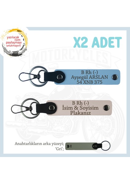 Motorcu Tarzına Özel, Isim Plaka ve B Rh (-) Kan Grubu Yazılı Hediyelik X2 Anahtarlık, Pudra-Mavi-Gr