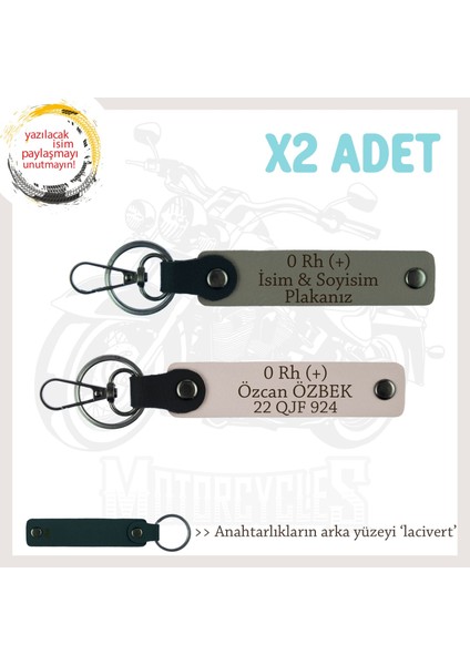 Motosiklet Sürücüsüne, Isim Plaka ve 0 Rh (+) Yazılı Acil Durum X2 Anahtarlıklar, Kül Gri-Pudra-Laci