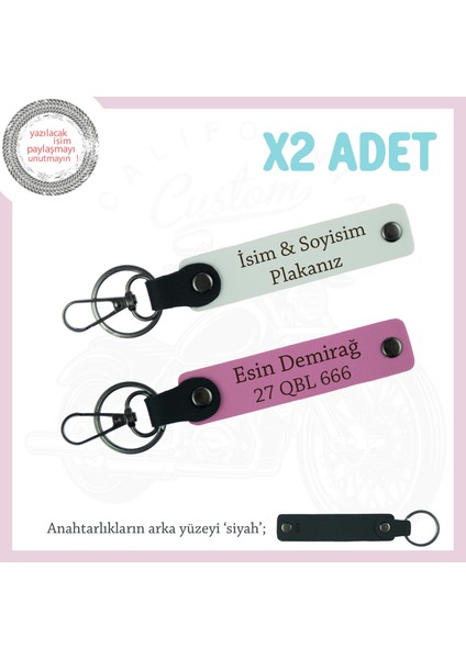 Araç ve Motor Sahipleri Için X2 Deri Anahtarlık Seti – Plaka & Isim Özelleştirmeli, Beyaz-Pembe-Syh