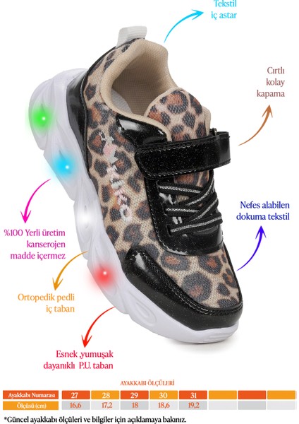 Teno Leopar Desenli Cırtlı Işıklı Kız Çocuk Spor Ayakkabı