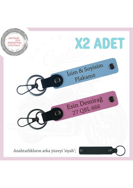 Hız Tutkunlarına, Isim ve Plaka Yazılı 2'li Özel Deri Anahtarlık, Hediyelik, Mavi-Pembe-Syh