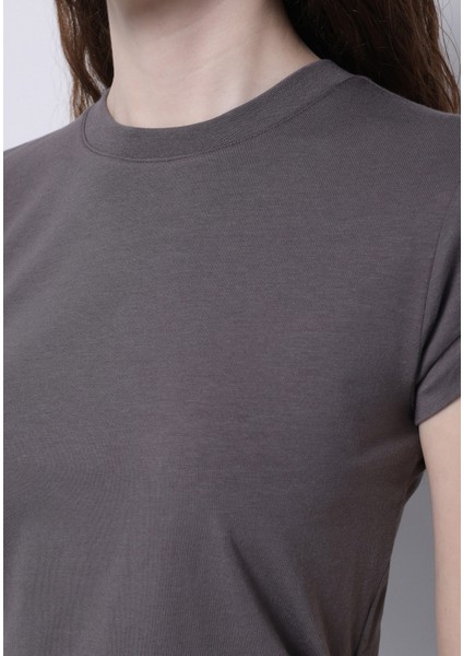 Slim Fit Yuvarlak Yaka Düz Kadın Gri Kısa Kol Tişört fırsatları